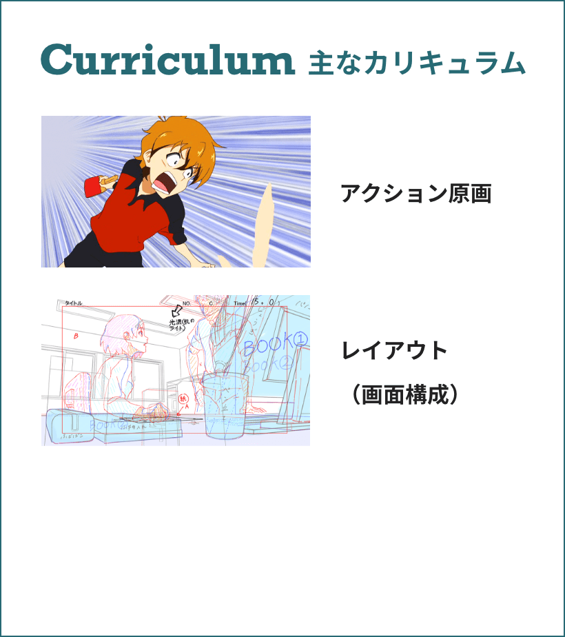 Curriculum 主なカリキュラム アクション原画 レイアウト（画面構成）